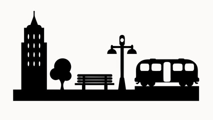 Obraz premium Silhouette of a city skyline with a building tree bench street light and a bus in black and white style