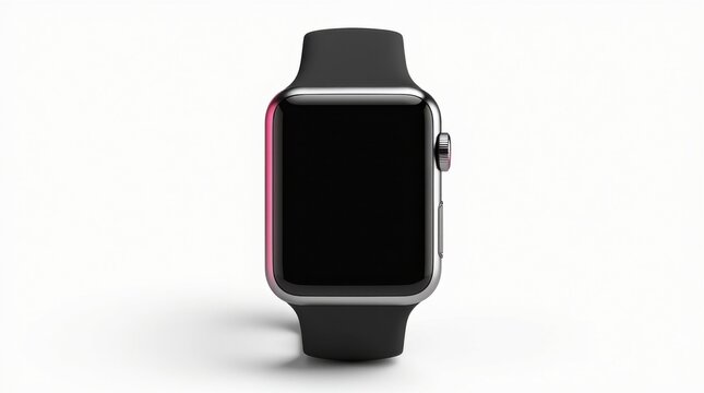 Reloj inteligente con una elegante correa negra, cuerpo met&aacute;lico plateado y detalles en rosa brillante, con una pantalla en blanco esperando dise&ntilde;o