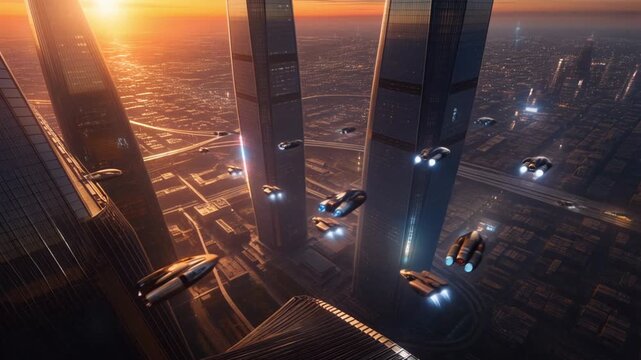 A fixed aerial shot of a futuristic megacity under the orange glow of sunset. Flying vehicles move between glass towers, lights begin to twinkle across the vast skyline