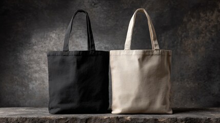 Two minimalist canvas tote bags, black and natural, on dark textured surface for everyday shopping and eco fashion