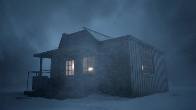A fixed shot of an isolated outpost battered by wind and snow. Lights flicker in the station windows as snow swirls violently in front of the lens