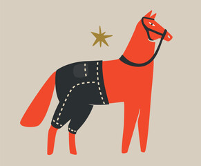 Red stallion wearing bridle and black pants. Isolated hand drawn vector