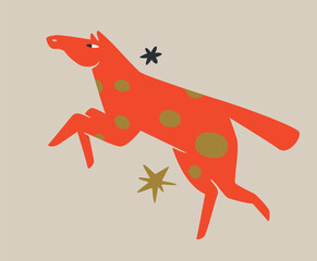 Red running female horse ornate with golden stains. Vector symbol of New year 2026 print design with