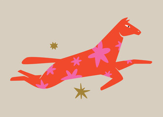 Red stud-horse decorated with pink flowers. Isolated hand drawn vector