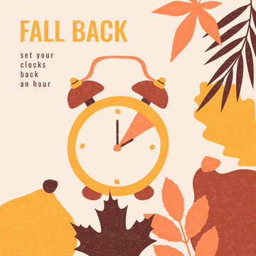 Fall Back poster template. Trendy banner reminder showing turning clock back one hour for DST. Daylight Saving Time vector illustration info poster with autumn decoration leaves pumpkin and texture
