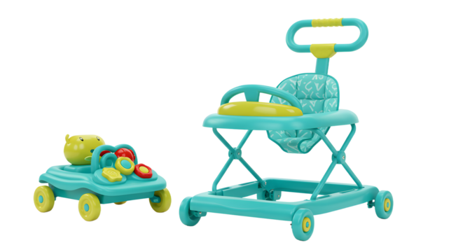 BABY TOYS - Blue and yellow baby walker and push toy with colorful buttons for infant motor skill development and early walking practice