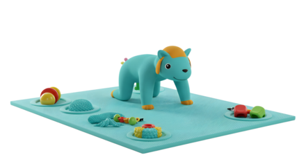 BABY TOYS - Colorful baby play mat with soft animal and fruit toys on light blue background, ideal for infant development and sensory play
