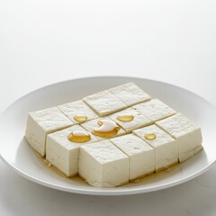 Soft silken tofu cut into neat cubes and drizzled with soy sauce, served on a white plate for a minimalist food presentation.