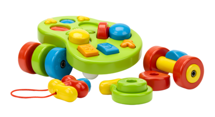 BABY TOYS - Colorful wooden pull-along baby toy with various shapes and vibrant wheels, early childhood educational toy, perfect for toddler playtime