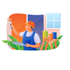 Painter in orange hard hat and blue overalls painting an orange wall with a paint roller holding a putty knife standing near a ladder with paint cans and green plants