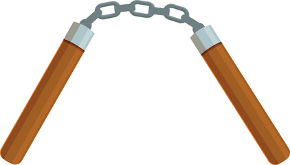 Wooden nunchaku weapon swinging with metal chain on white background, martial arts equipment for self defense © nsit0108