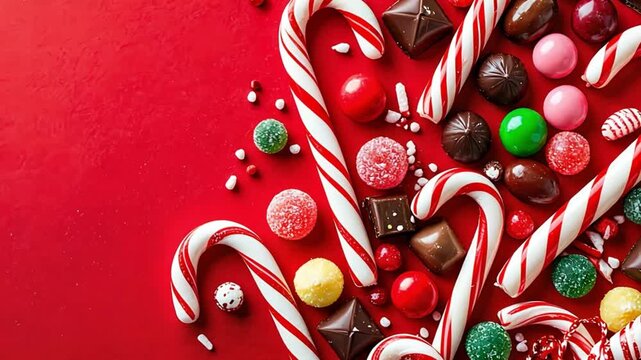 Christmas candy canes, colorful sweets, and chocolates creating a festive border on a vibrant red background with copy space