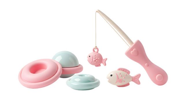 BABY TOYS - Cute pink and blue children's fishing toy set with magnetic fish and fishing rod, perfect for early childhood play and development