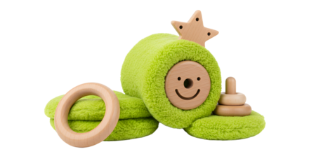 BABY TOYS - Natural wooden baby toys with green soft fabric and smiling face, eco-friendly educational playset perfect for infant development