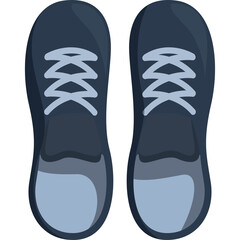 Pair of dark blue athletic shoes with light blue laces and soles presented from a top down view on a transparent background