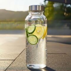 Refreshing detox water infused with lemon and cucumber slices in a clear bottle, captured outdoors in natural sunlight for wellness themes.