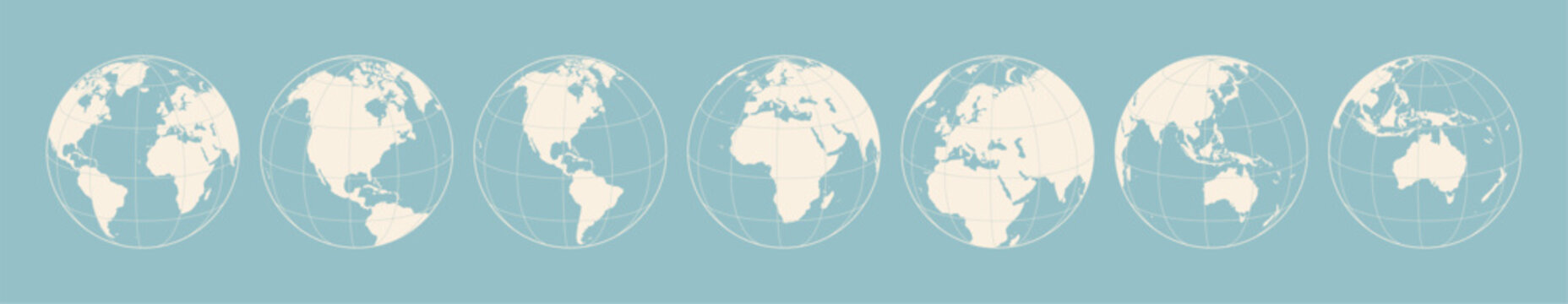 Globe, map, North South America, Africa, Europe Oceania, Australia, Asia. Earth globe with continents. Europe, Asia America Oceania globe set. Map globe sign, symbol circle. Vector Illustration