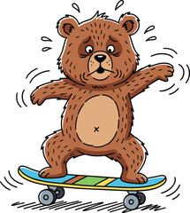 Cartoon bear skateboarding, expressive motion illustration, balancing pose, sweat droplets, colorful skateboard, playful character, humorous animal art, white background