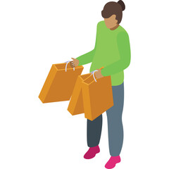 Person carrying orange shopping bags with white background full body isometric view