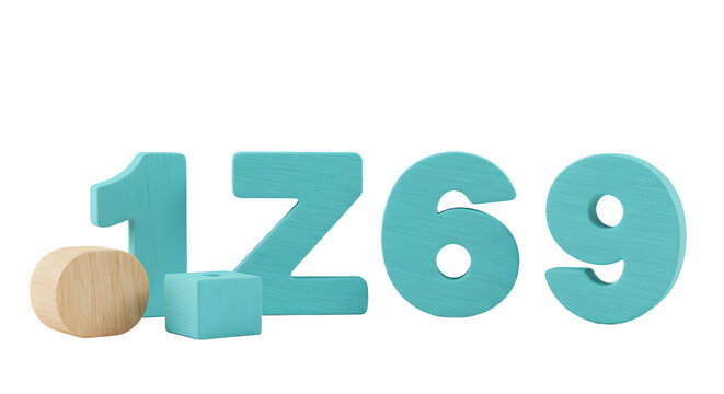 BABY TOYS - Blue wooden numbers 1, 2, 6, 9 and wooden shapes on white background, educational and toy concept