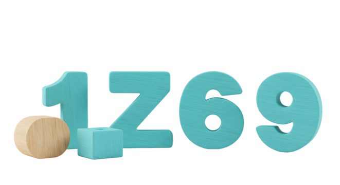 BABY TOYS - Blue wooden numbers 1, 2, 6, 9 and wooden shapes on white background, educational and toy concept