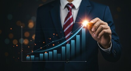 Businessman engaging with a glowing digital graph, symbolizing strategic planning, financial growth, and future success in a dynamic, data-driven business environment