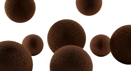 BABY TOYS - Close-up of multiple textured brown spheres on black background, 3D rendering for abstract design and scientific visualization