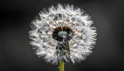 A close-up of a dandelion seed head against a dark background, showcasing its intricate, delicate structure