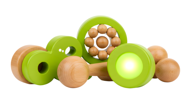 BABY TOYS - Wooden baby rattles in green and natural wood tones on white background, perfect for newborn gifts and baby product promotions