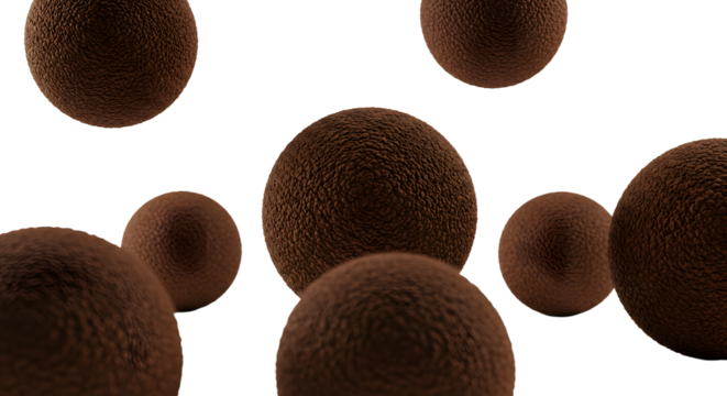 BABY TOYS - Close-up of multiple textured brown spheres on black background, 3D rendering for abstract design and scientific visualization