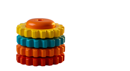 BABY TOYS - Colorful stack of plastic interlocking gears toy isolated on black background, perfect for educational play and early childhood development