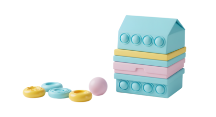 BABY TOYS - Colorful plastic toy building blocks and shapes on white background, creative kids playset for early learning and development