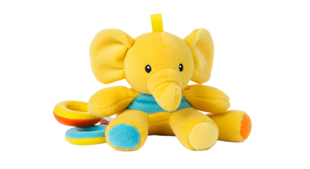 BABY TOYS - Yellow plush elephant toy with colorful rings, soft stuffed animal for babies and toddlers, perfect for early childhood play and learning