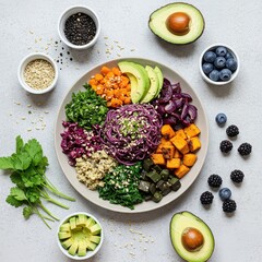 Top view of a vibrant plant-based buddha bowl filled with vegetables, avocado, grains, and seeds, surrounded by fresh berries and herbs.