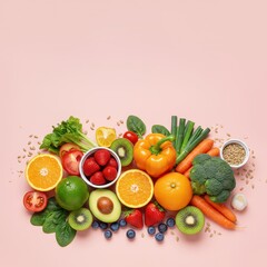 Vibrant assortment of fresh fruits, vegetables, seeds, and greens including citrus, avocado, berries, and broccoli, arranged on a soft pink surface.