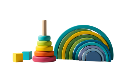 BABY TOYS - Colorful wooden stacking rings toy next to a rainbow stacking arch for children's play and early learning, perfect for educational playrooms
