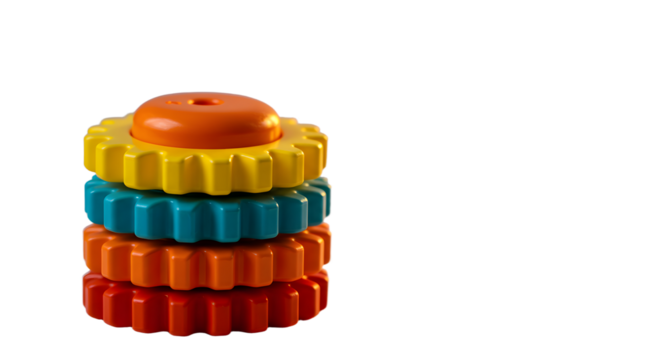BABY TOYS - Colorful stack of plastic interlocking gears toy isolated on black background, perfect for educational play and early childhood development