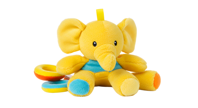 BABY TOYS - Yellow plush elephant toy with colorful rings, soft stuffed animal for babies and toddlers, perfect for early childhood play and learning