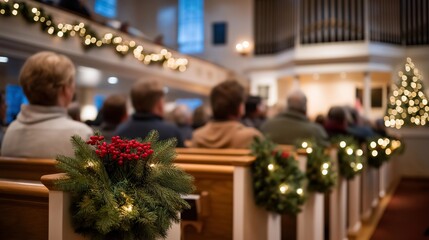 Church interior decorated with Christmas wreaths, lights, and nativity scenes while congregation sings, emotion of joy and spiritual unity visible, symbolizing holiday worship, festive religious