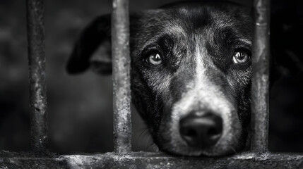 Sad dog behind bars. Emotional photo symbolizing animal abuse, loneliness, and rescue