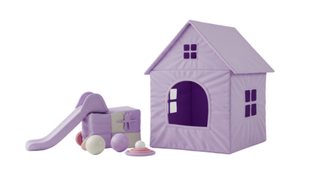 BABY TOYS - Purple fabric playhouse with toy slide and train set for children, ideal for indoor imaginative play and early childhood fun