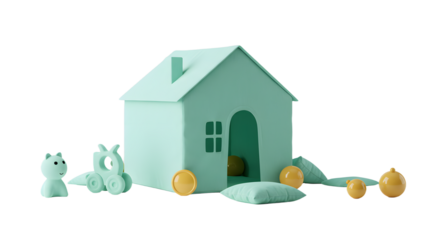 BABY TOYS - Soft toy playhouse with toy train and cushion in pastel colors, children's indoor play area concept, perfect for nurseries and playrooms