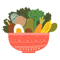 Pink bowl with healthy food including boiled egg, chicken, fish, banana, avocado, carrot, potato, and vegetables on transparent background