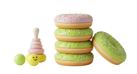 BABY TOYS - Stack of green frosted donuts with colorful sprinkles and a wooden stacking toy with smiling face on white background, perfect for kids or bakery themes