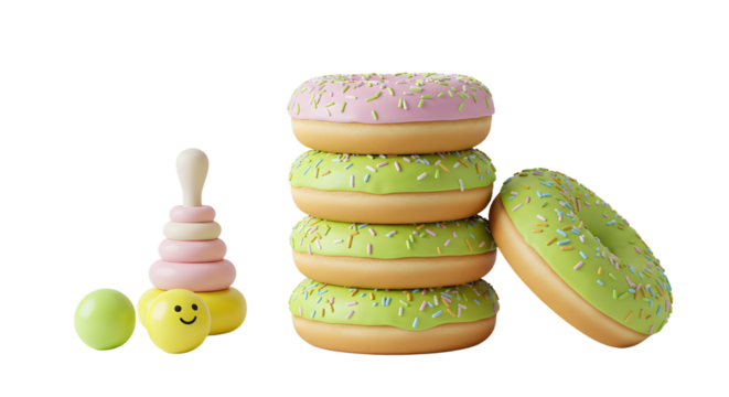 BABY TOYS - Stack of green frosted donuts with colorful sprinkles and a wooden stacking toy with smiling face on white background, perfect for kids or bakery themes