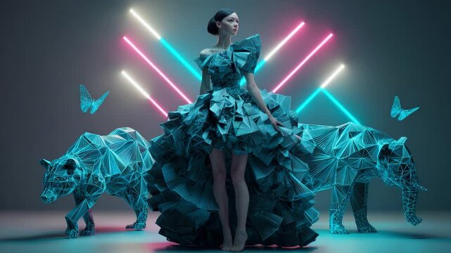 A stunning display of avant-garde fashion and digital art, featuring a model in a unique geometric dress surrounded by stylized bear sculptures and butterflies, all set against a vibrant neon backdrop
