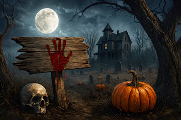 Halloween nightmare scene with haunted house in pumpkin filed. Night with full moon, scull and bloody sign.