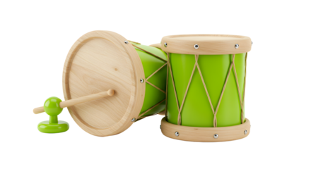 BABY TOYS - Wooden toy drums with bright green accents isolated on white, colorful percussion instrument for kids and music playtime