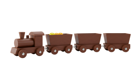 BABY TOYS - Wooden toy train with four cars including cargo and coal, handcrafted children's plaything on white background, perfect for educational toys