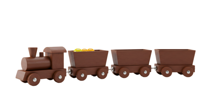 BABY TOYS - Wooden toy train with four cars including cargo and coal, handcrafted children's plaything on white background, perfect for educational toys